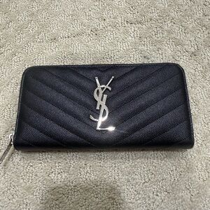Yves Saint Laurent Quilted Black Wallet with Silver Emblem